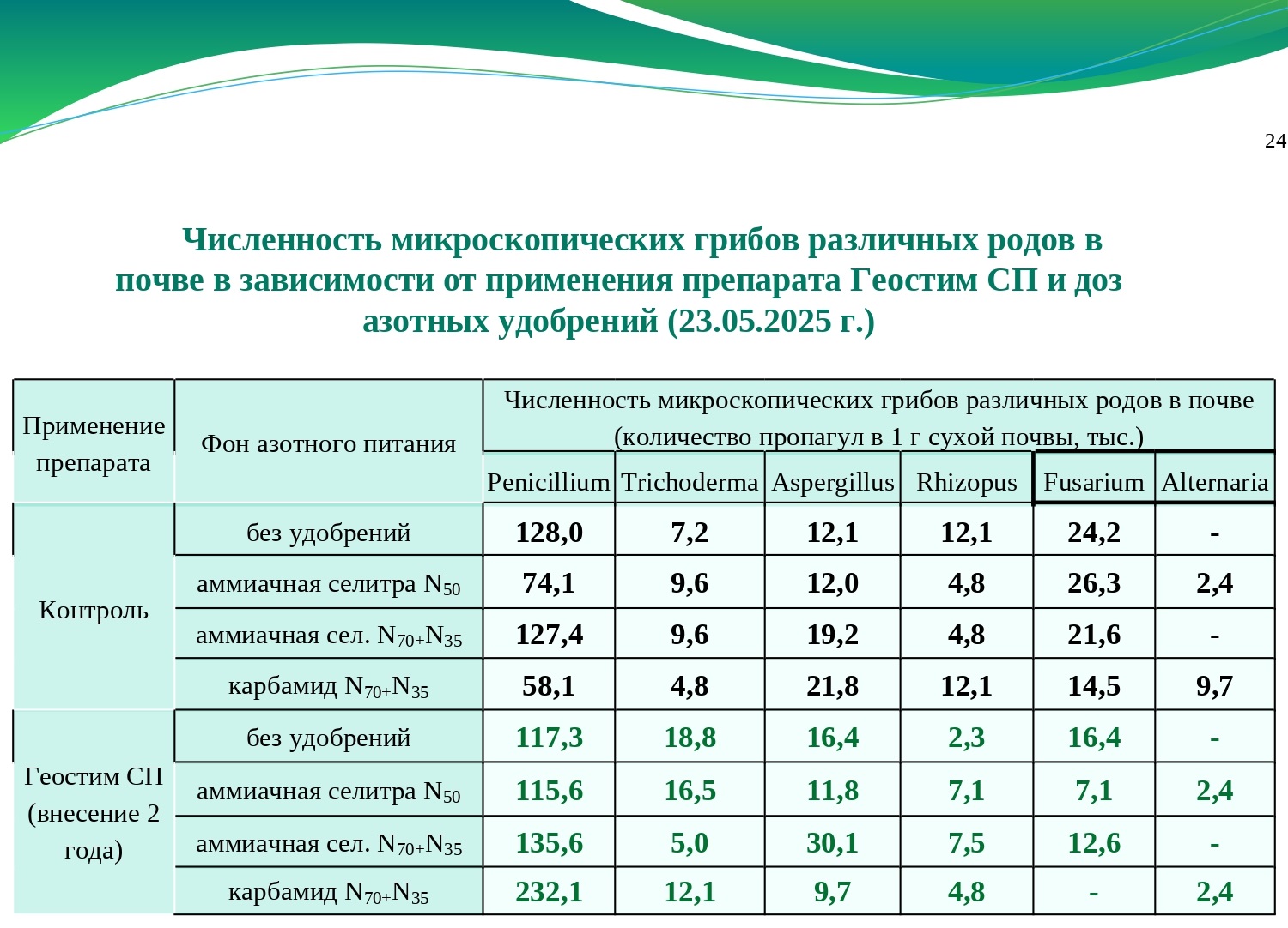 Численность микроскопических грибов различных родов в почве в зависимости от применения препарата Геостим СП и доз азотных удобрений (23.05.2025г.) Численность микроскопических грибов различных родов в почве в зависимости от применения препарата Геостим СП и доз азотных удобрений (23.05.2025г.)