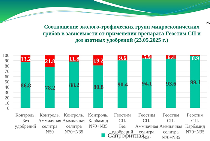 Соотношение эколого-трофических групп микроскопических грибов в зависимости от применения препарата Геостим СП и доз азотных удобрений (23.05.2025г.) Соотношение эколого-трофических групп микроскопических грибов в зависимости от применения препарата Геостим СП и доз азотных удобрений (23.05.2025г.)